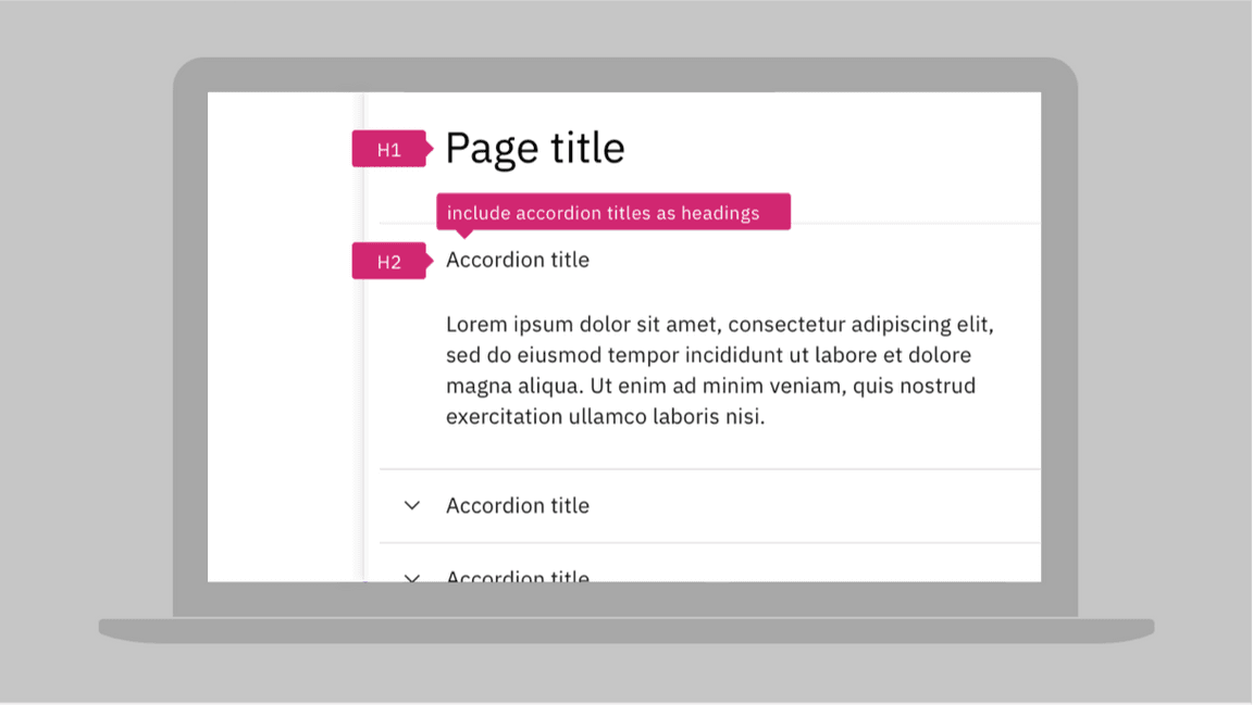 H1 and H2 annotations for headings, plus direction to ‘include accordion titles as headings'